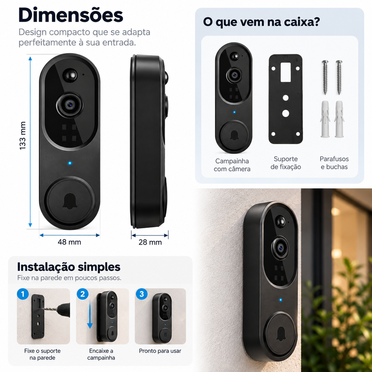 Campainha Inteligente com Câmera Wi-Fi HD, Visão Noturna e Áudio Bidirecional