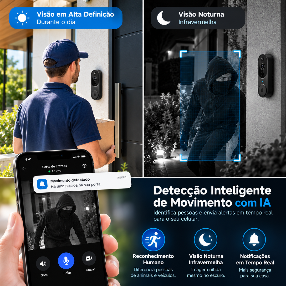 Campainha Inteligente com Câmera Wi-Fi HD, Visão Noturna e Áudio Bidirecional