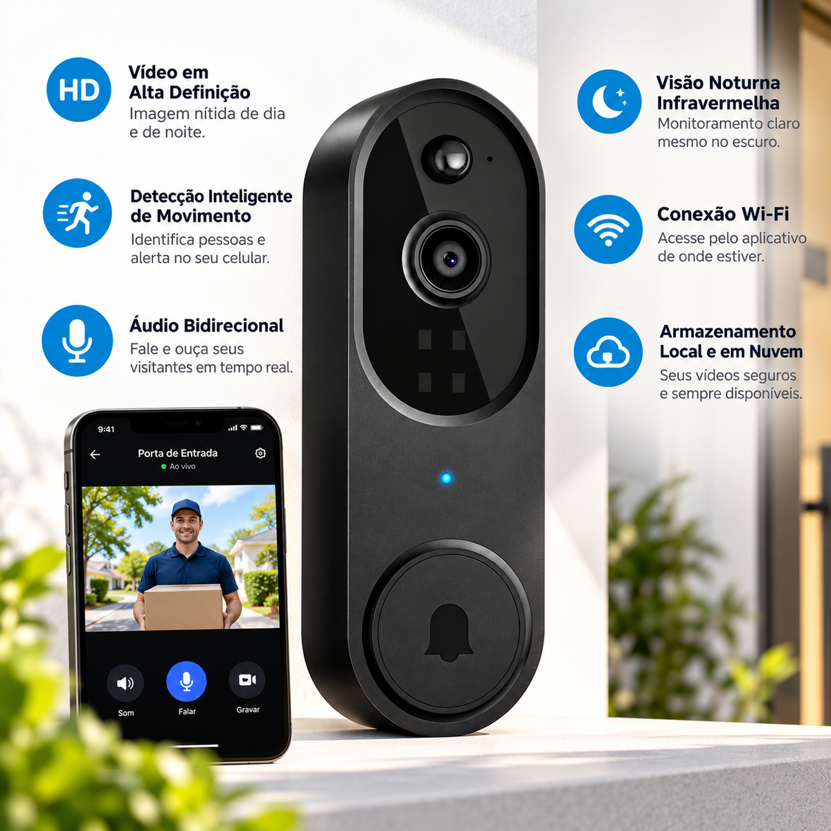 Campainha Inteligente com Câmera Wi-Fi HD, Visão Noturna e Áudio Bidirecional