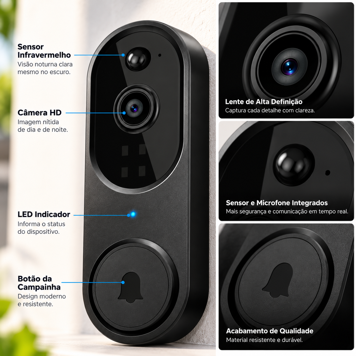 Campainha Inteligente com Câmera Wi-Fi HD, Visão Noturna e Áudio Bidirecional