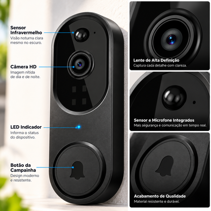 Campainha Inteligente com Câmera Wi-Fi HD, Visão Noturna e Áudio Bidirecional