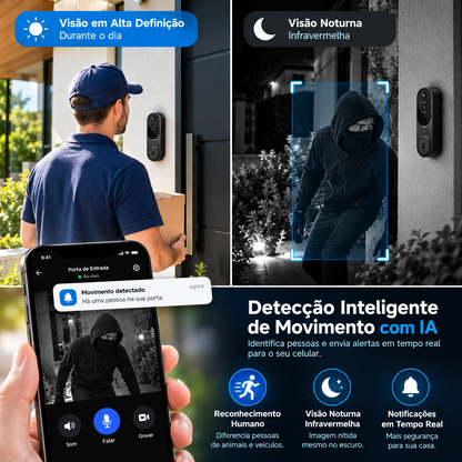 Campainha Inteligente com Câmera Wi-Fi HD, Visão Noturna e Áudio Bidirecional