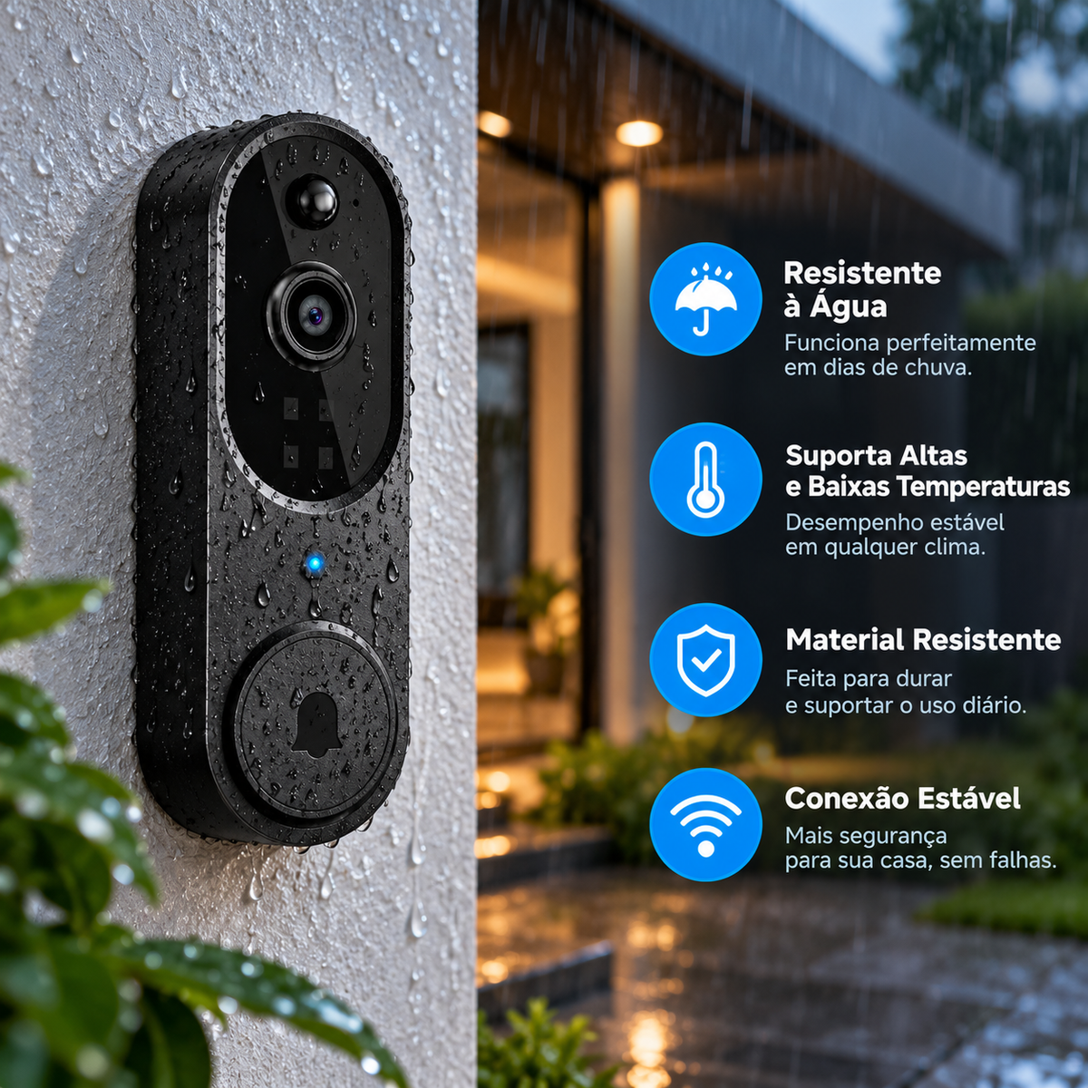 Campainha Inteligente com Câmera Wi-Fi HD, Visão Noturna e Áudio Bidirecional