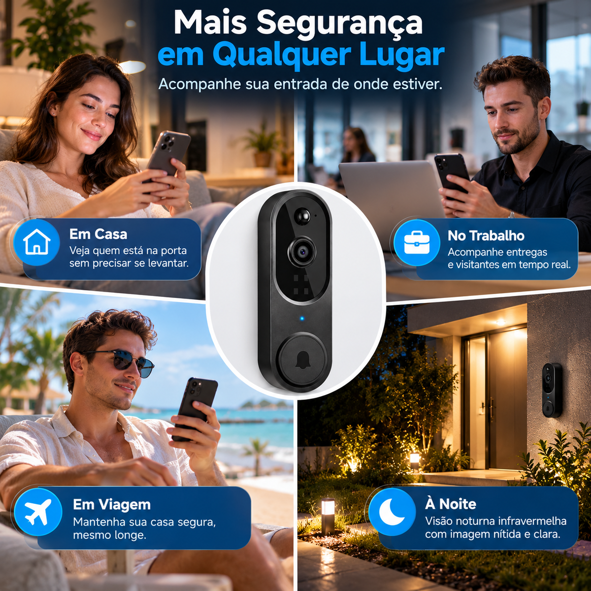 Campainha Inteligente com Câmera Wi-Fi HD, Visão Noturna e Áudio Bidirecional